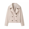 Détails de la texture du tissu beige en laine et boutons à double boutonnage - Blanc Cassé