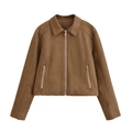 Giacca slim da donna in finto camoscio marrone con colletto a rever e zip metalliche - XS / Top / Cammello