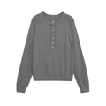 Grey long-sleeved Henley knit sweater with decorative brown buttons and ribbed cuffs - XS / Gray