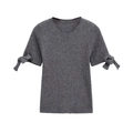 Detail of grey ribbed knit top featuring decorative bow-tie cuffs and soft texture - XS / Gray