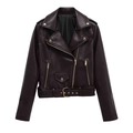 Dettaglio della giacca biker caffè scuro con zip asimmetrica e cintura regolabile in vita - XS / Top / Marrone castano