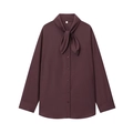 Deep burgundy long sleeve poplin shirt with scarf neck tie and button front for women - XS / Burgundy