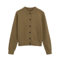 Detail of olive brown knit cardigan showing ribbed neckline and dark buttons - XS / Tan