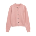 Close-up of pink knit cardigan featuring round neck and contrasting black buttons - XS / Pink