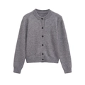 Detail of grey crewneck knit cardigan with brown buttons and ribbed cuffs texture - XS / Gray