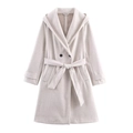 Detail view of hooded wool coat with double-breasted buttons and adjustable waist belt - XS / White