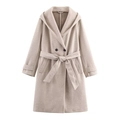 Detail of oatmeal hooded coat showing waist belt buttons and decorative cuff straps - XS / Off White