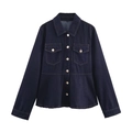 Classic dark blue denim jacket with metal buttons and two chest pockets on white background - XS / Denim Jacket