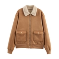 Braune Freizeitjacke mit weißem Lammfellkragen und elastischen Rippbündchen - XS