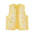 Détail de gilet jaune avec broderie florale blanche et motif ethnique ouvert devant - XS / Broderie Jaune
