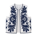 Détail de broderies florales bleues et motifs paisley sur un gilet ethnique blanc - XS / Broderie Bleu Marine
