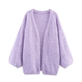 Schicke lavendelfarbene Grobstrickjacke mit offener Front und lockerer Passform - S / Lila