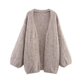 Damen Strickjacke in Taupe mit Laternärmeln und offener Vorderseite im Oversized-Stil - S / Khaki