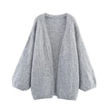 Graue Grobstrickjacke für Damen mit offener Front und Laternenärmeln für den Herbst - S / Grau