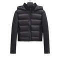 Women's black hooded jacket featuring quilted body and stretch fabric sleeves - XS / Black