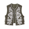 Ethnic style olive green vest for women with white floral embroidery and open front design - XS / Army Green Embroidery