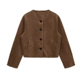 Détails des coutures artisanales sur une veste marron en similicuir suédé à col rond - XS / Brun Foncé