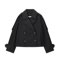 Chaqueta corta tipo gabardina negra cruzada con solapas anchas y detalles en hombros - XS / Negro