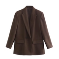 Women's casual loose fit brown blazer with classic peak lapels and single button - Dark Brown