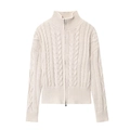 Women's cream-colored cable knit sweater featuring a stand collar and metal dual zippers - S / Off White