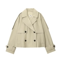 Gabardina corta caqui para mujer con doble botonadura, solapas anchas y charreteras - XS / Caqui