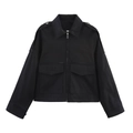 Schwarze kurze Trenchcoat-Jacke für Damen mit Reverskragen und großen Pattentaschen - S / Schwarz