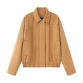 Chaqueta de ante sintético color camello para mujer con bolsillos y dobladillo elástico - S / Amarillo Tierra