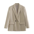 Women's casual loose double-breasted blazer in beige with flat lapels and flap pockets - Off White