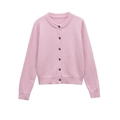 Close-up of pale pink knit cardigan with black buttons and ribbed texture details - S / Tops / Pink