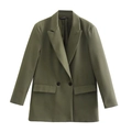 Women's casual olive green double-breasted long blazer with notched lapels and flap pockets - Olive Green