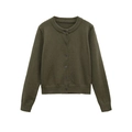 Detail of olive green knit cardigan with round neck and ribbing on cuffs and hemline - S / Tops / Olive Green