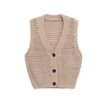 Beige V-neck knitted vest top with intricate crochet patterns and front buttons - S / Apricot
