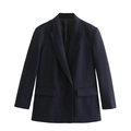 Women's casual loose double-breasted blazer in navy blue color with flap pockets - Navy Blue