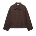 Dark brown wool-like textured jacket with lapel collar and metal zip closure for women - S / Dark Brown