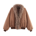 Braune Wildlederimitat-Jacke mit großem Pelzkragen und Rippbündchen im modernen Retro-Stil - S / Kaffeebraun