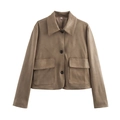 Klassische braune Wildlederimitat-Kurzjacke mit großen Pattentaschen und Revers - XS / Khaki