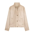 Giacca minimalista beige effetto scamosciato da donna con collo alto e bottoni a pressione - XS / Beige Cachi