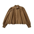 Chemisier plissé marron à manches bouffantes avec un col montant élégant et moderne - S / Brun Foncé