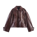 Veste en similicuir marron foncé avec col à revers et fermeture asymétrique chic - XS / Bordeaux