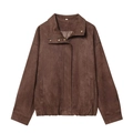 Close-up of deep brown suede bomber jacket showing metallic snaps and zipper details - XS / Chestnut