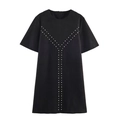 Zwarte jurk met korte mouwen in suède-look met zilveren klinknagels en A-lijn model - XS / Zwart