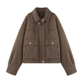 Giacca corta in pelle scamosciata marrone scuro retrò da donna con tasche cargo e bottoni - XS / Marrone Scuro