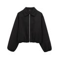 Fashionable solid black cropped puffer jacket with silver metal zipper and elastic hem - Black