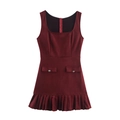Mouwloze bordeauxrode jurk met vierkante hals, geplooide zoom en decoratieve zakflappen - XS / Bordeauxrood