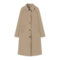 Detailed view of khaki trench coat featuring lapel collar and dark brown button closure - S / Tops / Light Khaki