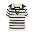 Polo in maglia a righe blu navy da donna con colletto a smerlo e maniche corte - Taglia S / A righe