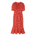Floral red V-neck dress with puff sleeves and ruffled asymmetric fishtail hemline - S / Red