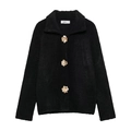 Cardigan noir en polaire teddy pour femme avec boutons décoratifs dorés en forme de fleur - S / Noir