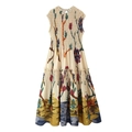 Women's sleeveless smocked dress with vintage floral landscape print on off-white fabric - S / Printed