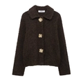 Gilet en maille marron foncé avec boutons camélia dorés et texture pelucheuse - Marron Foncé